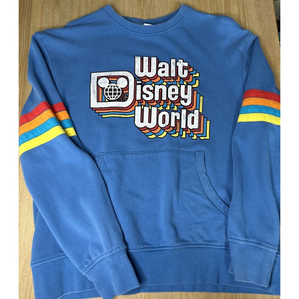 Walt Disney World Retro Blue Crewneck Rainbow Sweatshirt front pockets SIZE Med - Picture 4 of 8